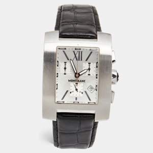 Montblanc Silver Stainless Steel Leather Profile 7049 Men's Wristwatch 34 mm