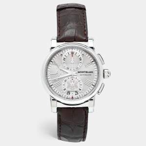Montblanc Silver Stainless Steel Leather Star 7104 Men's Wristwatch 44 mm