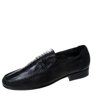 Moreschi Black Leather And Ostrich Trim Slip On Loafers Size 41