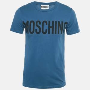 Pre Owned Moschino Couture Blue Logo Print Cotton Crew Neck T-Shirt XS