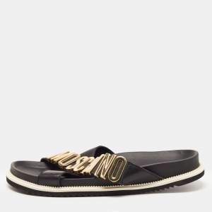 Moschino Black Leather Cross Strap Logo Detail Slides Size 44