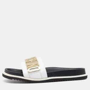 Moschino White/Black Leather Logo Plaque Flat Slide Sandals Size 41