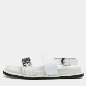 Moschino White Leather Logo Plaque Flat Sandals Size 42