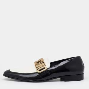 Moschino Black/White Patent Leather Logo Embellished Slip On Loafers Size 45