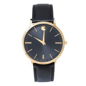 Movado Black Gold Tone Stainless Steel Leather Ultra Slim 0607087 Men's Wristwatch 40 mm
