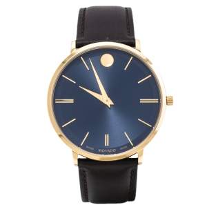 Movado Blue Gold Tone Stainless Steel Leather Ultra Slim 0607088 Men's Wristwatch 40 mm