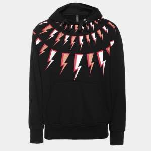 Neil Barrett Black Cotton Knit Lightning Bolt Print Hoodie S
