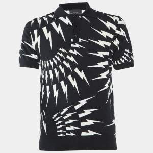 Neil Barrett Black Thunder Bolt Pattern Cotton Polo T-Shirt M