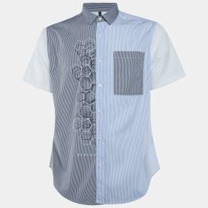 Black Barett by Neil Barrett White Striped Cotton Paneled Short Sleeve Shirt S