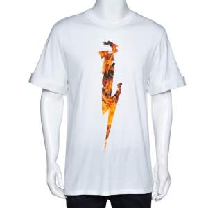 Neil Barrett White Flame Thunderbolt Print Cotton Rolled Up T-Shirt M