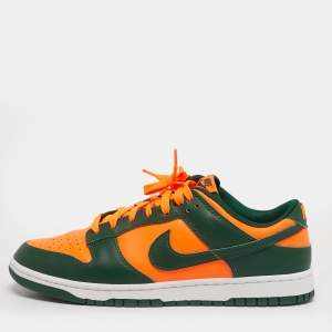 Pre Owned Nike Dunk Low Retro Miami Hurricanes Size 45 Green/Neon Orange Leather Low Top Sneakers
