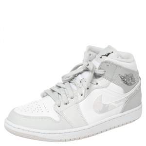 Air Jordan 1 Mid Grey/White Leather Camo Sneakers Size 42.5