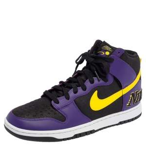 Nike Black/Purple Canvas and Leather Dunk Lakers High Top Sneakers Size 46