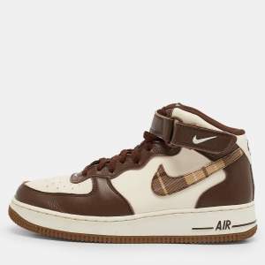 Nike Brown/Beige Leather Air Force 1 Mid '07 Brown Plaid Sneakers Size 43