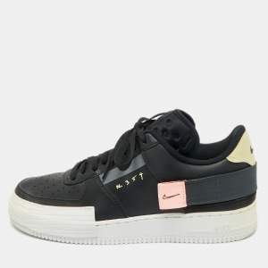 Pre Owned Nike Black/Beige Leather and Mesh Air Force 1 Type Sneakers Size 45.5