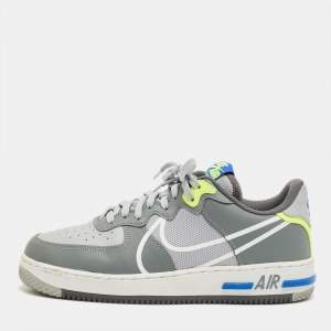 Pre Owned Nike Grey Leather and Canvas Air Force 1 React Wolf Grey Sneakers Size 44.5