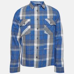 Off-White Blue Checked Linen-Blend Shirt S