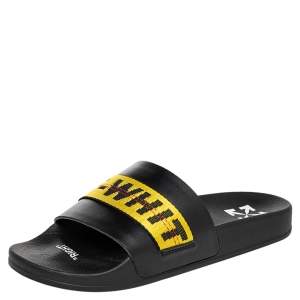 Off-White Black/Yellow Leather Logo Slide Sandals Size 41
