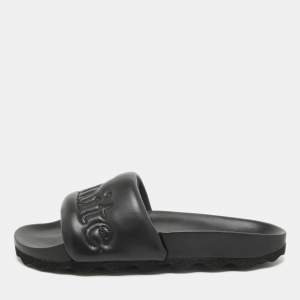 Off-White Black Leather Sponge Logo Embroidered Bookish Slides Size 41