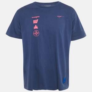 Pre Owned Off-White Blue Printed Cotton Knit Crew Neck Oversized T-Shirt XS