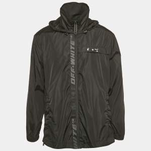 Pre Owned Off-White Black Logo Print Synthetic Hooded Windbreaker Jacket S