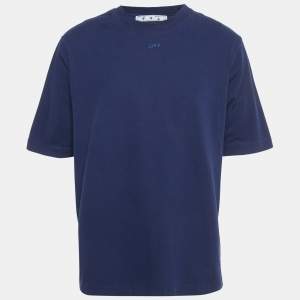 Pre Owned Off-White Navy Blue Logo Print Cotton T-Shirt L