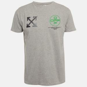 Pre Owned تـي شـيـرت أوف وايـت رمادي مـطـبـوع نـصـف كـم قـطـنـي مـقـاس صـغـيـر