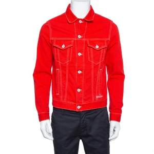 Off White Red Denim Graphic Print Button Front Jacket M