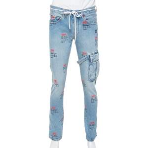 Off White Blue Denim Logo Printed Drawstring Detail Cargo Jeans M