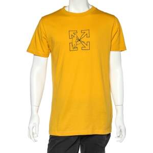 Pre Owned Off-White Yellow Cotton Logo Worker Embroidered Crewneck T-Shirt M
