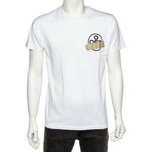 Off-White White Cotton Knit Logo Tape Printed Crewneck T-Shirt S