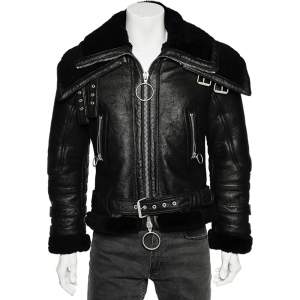 Off-White Black Leather Double Collar Shearling Biker Jacket M