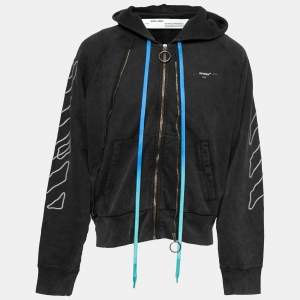 Off-White Grey Cotton Abstract Arrows Embroidered Hooded Jacket S