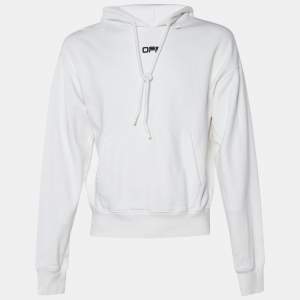Pre Owned Off-White White Cotton Knit Logo Print Hoodie S