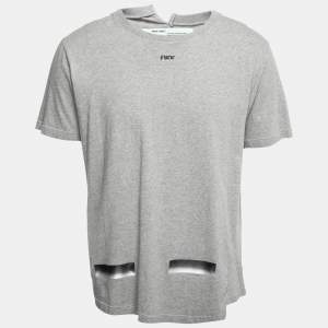 Off-White Grey Cotton Logo Embroidered Asymmetric Hemline T-Shirt L