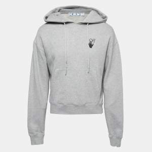 Off-White Grey Cotton Logo Print Hooded Sweatshirt S