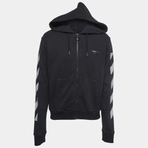 Off-White Black Printed Cotton Zip Front Hooded Jacket M