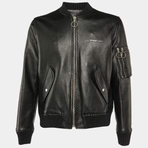 Off-White Black Leather Varsity Bomber Jacket L