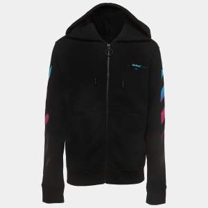Off-White Black Logo Print Cotton knit Zip Front Hooded Jacket L