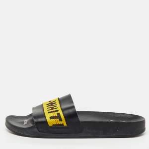 Pre Owned Off-White Black Leather Logo Canvas Industrial Flat Slides Size 43