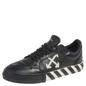  Off White Black Leather Vulcanized Low Top Sneakers Size 42