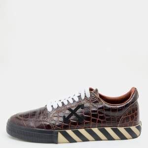 Off-White Brown Croc Embossed Leather Vulcanized Low Top Sneakers Size 45