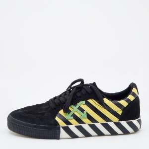 Pre Owned Off White Black/Yellow Suede and Canvas Vulcanized Striped Low Top Sneakers Size 46