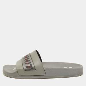 Off-White Grey Leather and Logo Canvas Industrial Slides Size 43