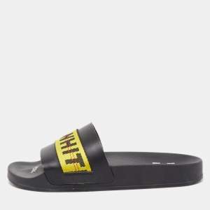 Pre Owned Off-White Black Leather and Logo Canvas Industrial Slides Size 40