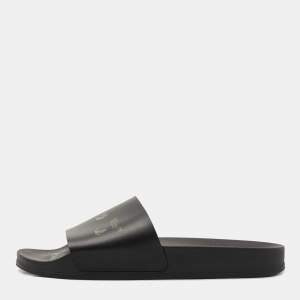 Off-White Black Leather Logo Pool Slides Size 42