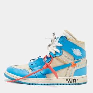 Off-White x Nike Blue/Grey Leather and Mesh Jordan 1 Retro High  Sneakers Size 40.5