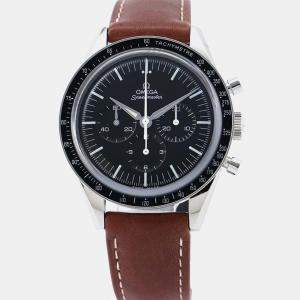 Omega Black Dial Speedmaster Moonwatch Stainless Steel Leather Watch 39.7 mm 