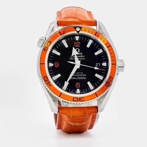Omega Black Stainless Steel Embossed Leather Seamaster Planet Ocean 2909.50.38 Men's Wristwatch 40 mm
