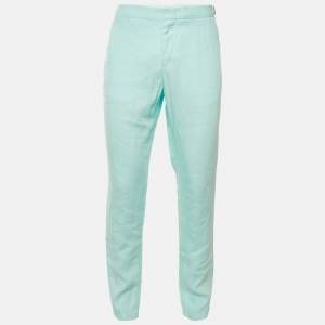 Pre Owned Orlebar Brown Turquoise Blue Linen Griffon Trousers L/Waist 34"